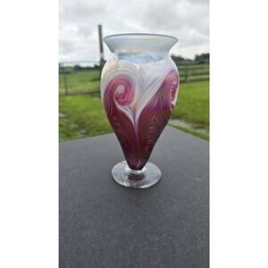 Ron Hinkle Art Glass Vase 2006 Iridescent Swirl Pedestal Signed Handmade Decor